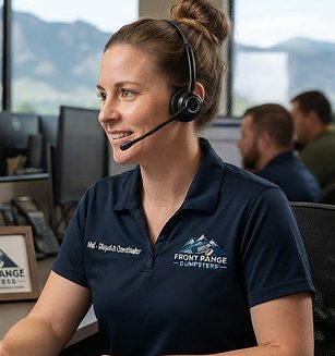 Mel, Front Range Dumpsters dispatch coordinator, taking a booking